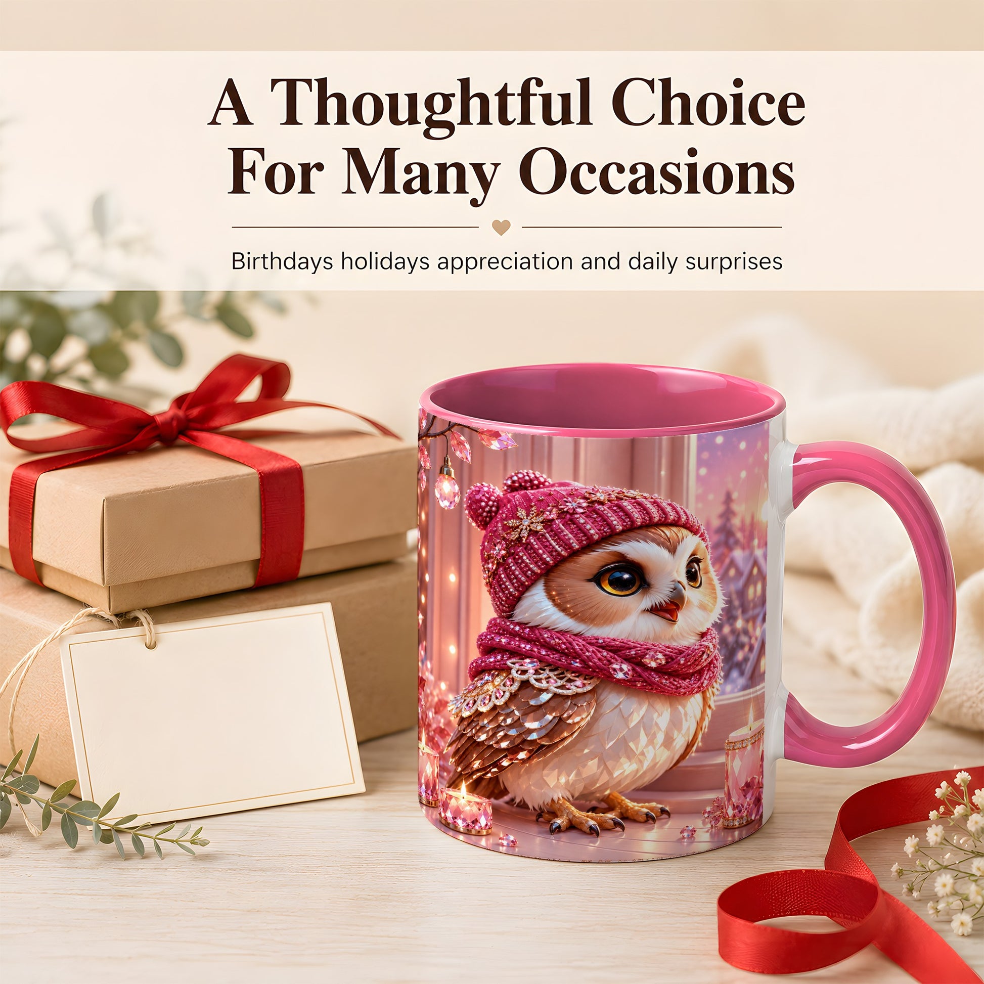 #pl[11oz|Pink] Pink Winter Owl Coffee Mug, Cozy Owl Mug, Crystal Style Ceramic Cup