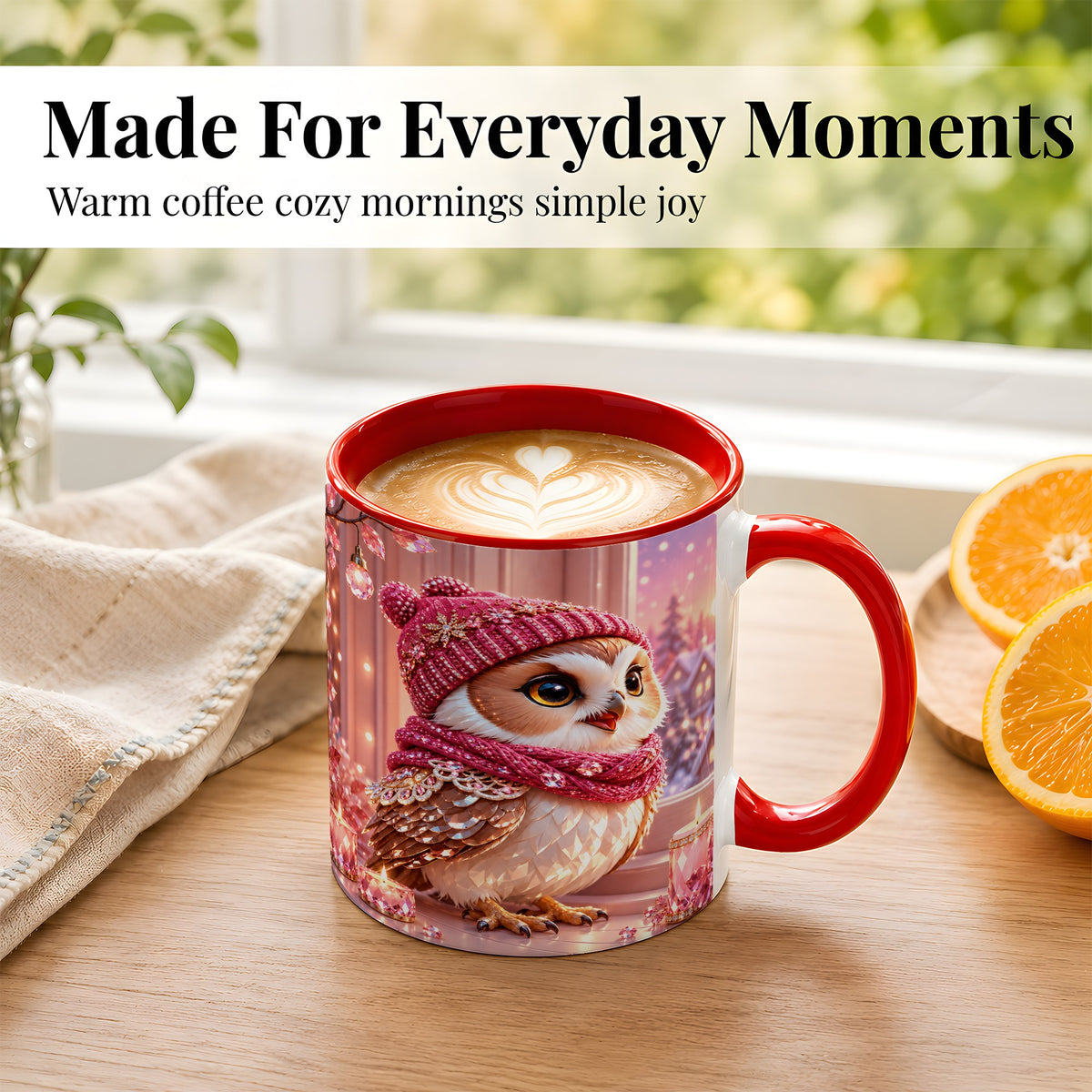 #pl[11oz|Red] Pink Winter Owl Coffee Mug, Cozy Owl Mug, Crystal Style Ceramic Cup