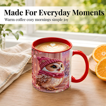#pl[11oz|Red] Pink Winter Owl Coffee Mug, Cozy Owl Mug, Crystal Style Ceramic Cup