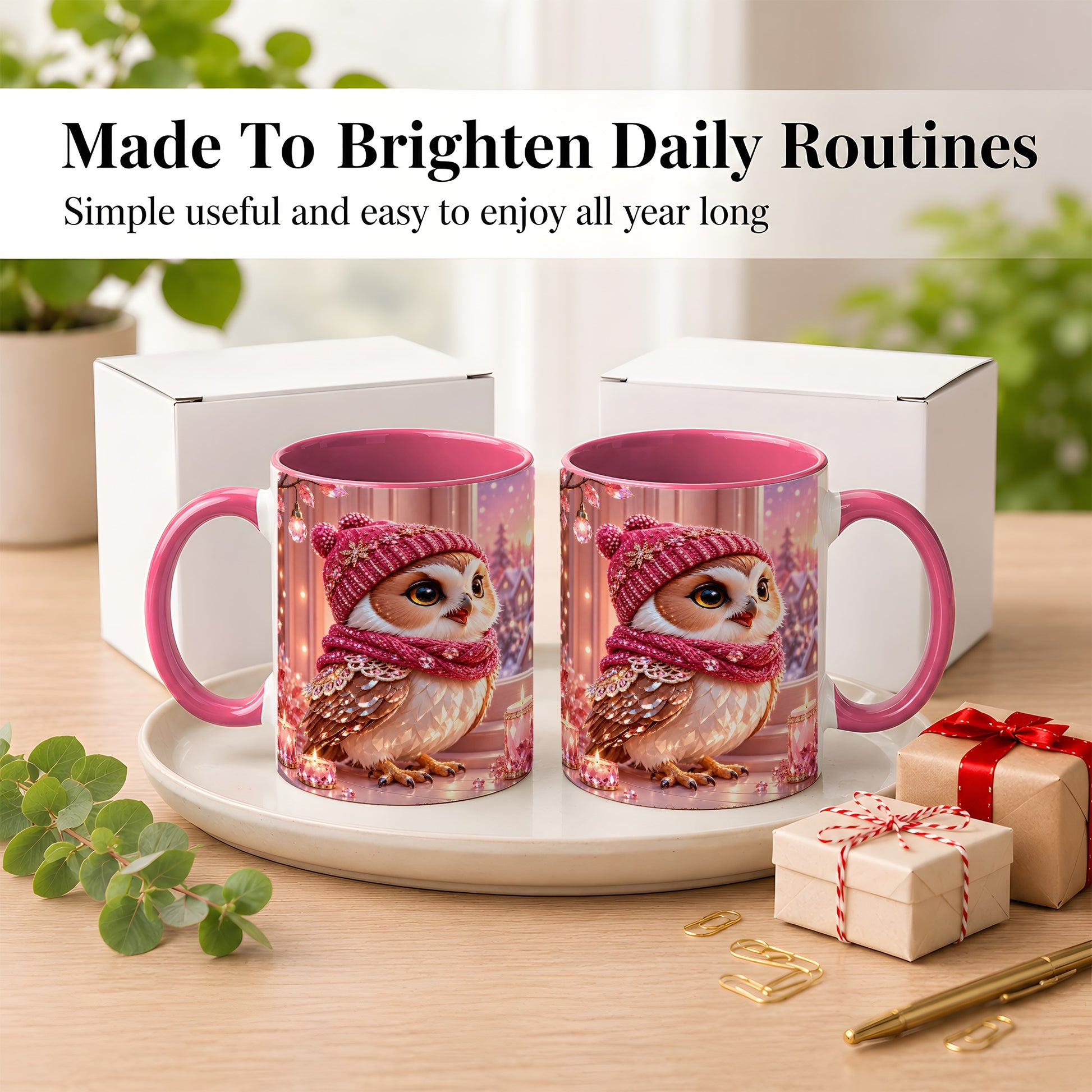 #pl[11oz|Pink] Pink Winter Owl Coffee Mug, Cozy Owl Mug, Crystal Style Ceramic Cup