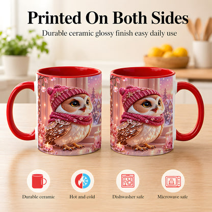 #pl[11oz|Red] Pink Winter Owl Coffee Mug, Cozy Owl Mug, Crystal Style Ceramic Cup