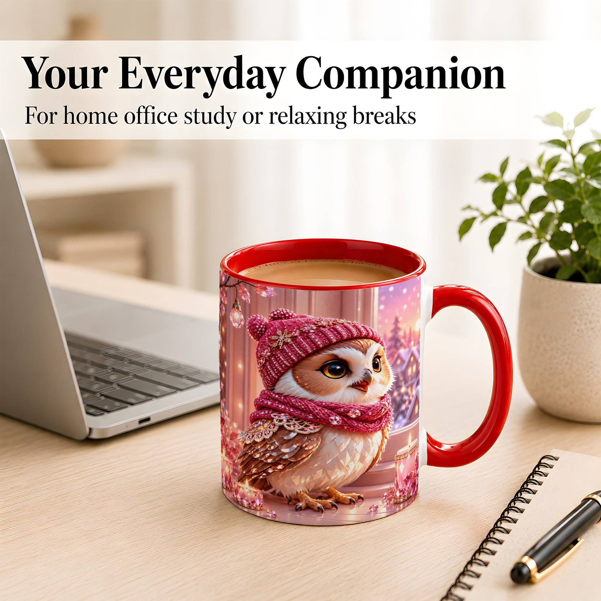 #pl[11oz|Red] Pink Winter Owl Coffee Mug, Cozy Owl Mug, Crystal Style Ceramic Cup