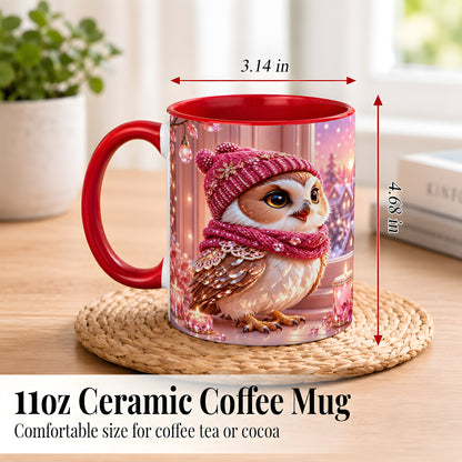 #pl[11oz|Red] Pink Winter Owl Coffee Mug, Cozy Owl Mug, Crystal Style Ceramic Cup