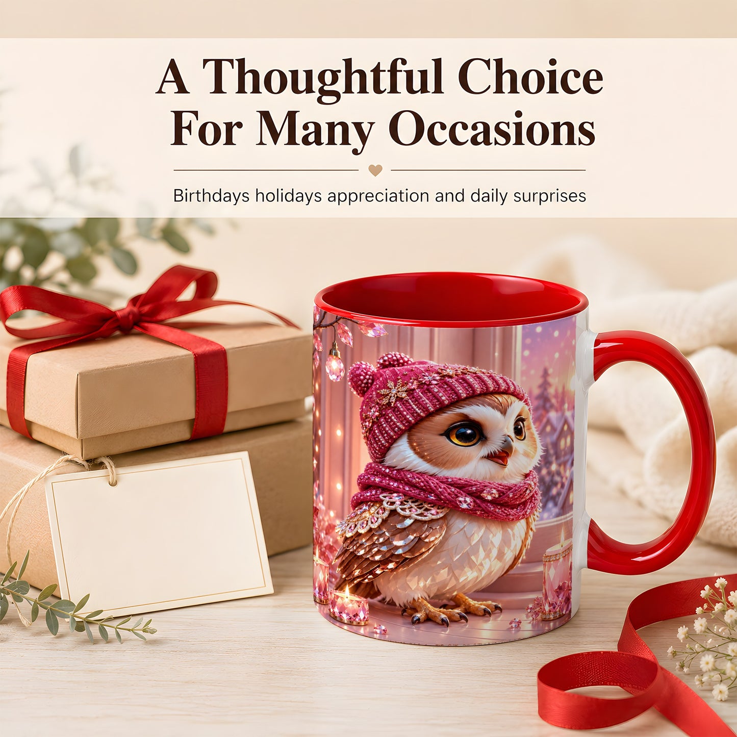 #pl[11oz|Red] Pink Winter Owl Coffee Mug, Cozy Owl Mug, Crystal Style Ceramic Cup