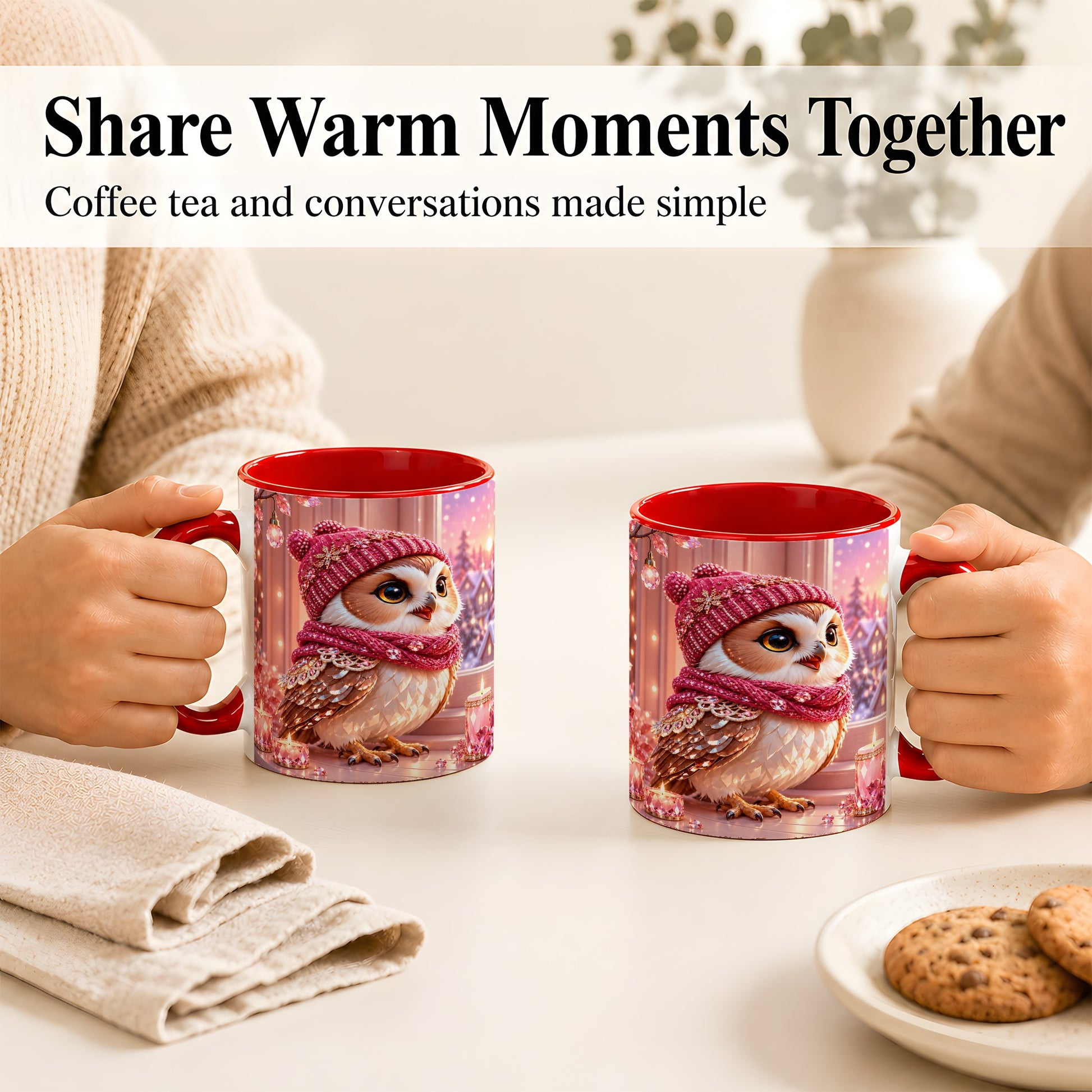 #pl[11oz|Red] Pink Winter Owl Coffee Mug, Cozy Owl Mug, Crystal Style Ceramic Cup