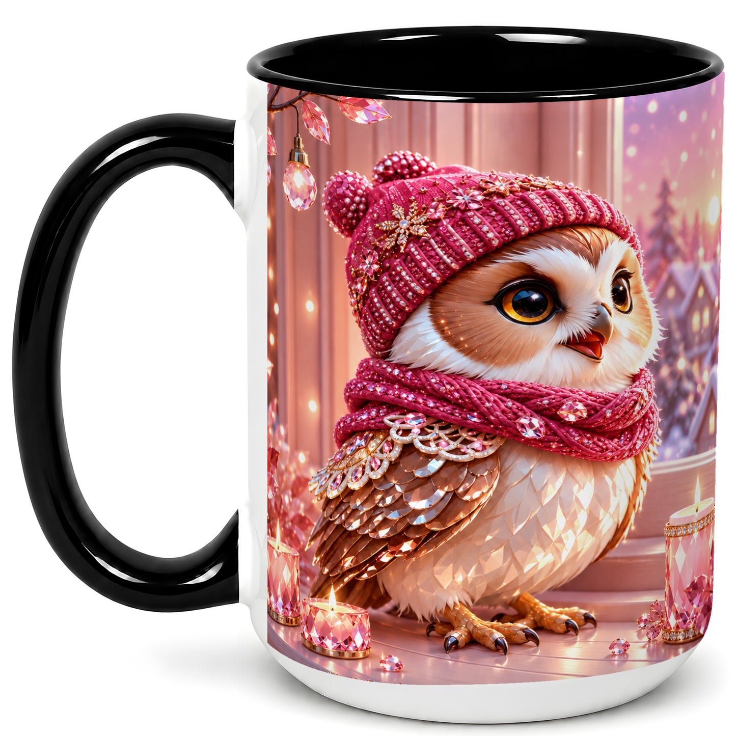 #pl[15oz|Black] Pink Winter Owl Coffee Mug, Cozy Owl Mug, Crystal Style Ceramic Cup