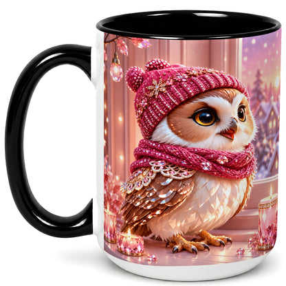 #pl[15oz|Black] Pink Winter Owl Coffee Mug, Cozy Owl Mug, Crystal Style Ceramic Cup