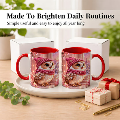 #pl[11oz|Red] Pink Winter Owl Coffee Mug, Cozy Owl Mug, Crystal Style Ceramic Cup