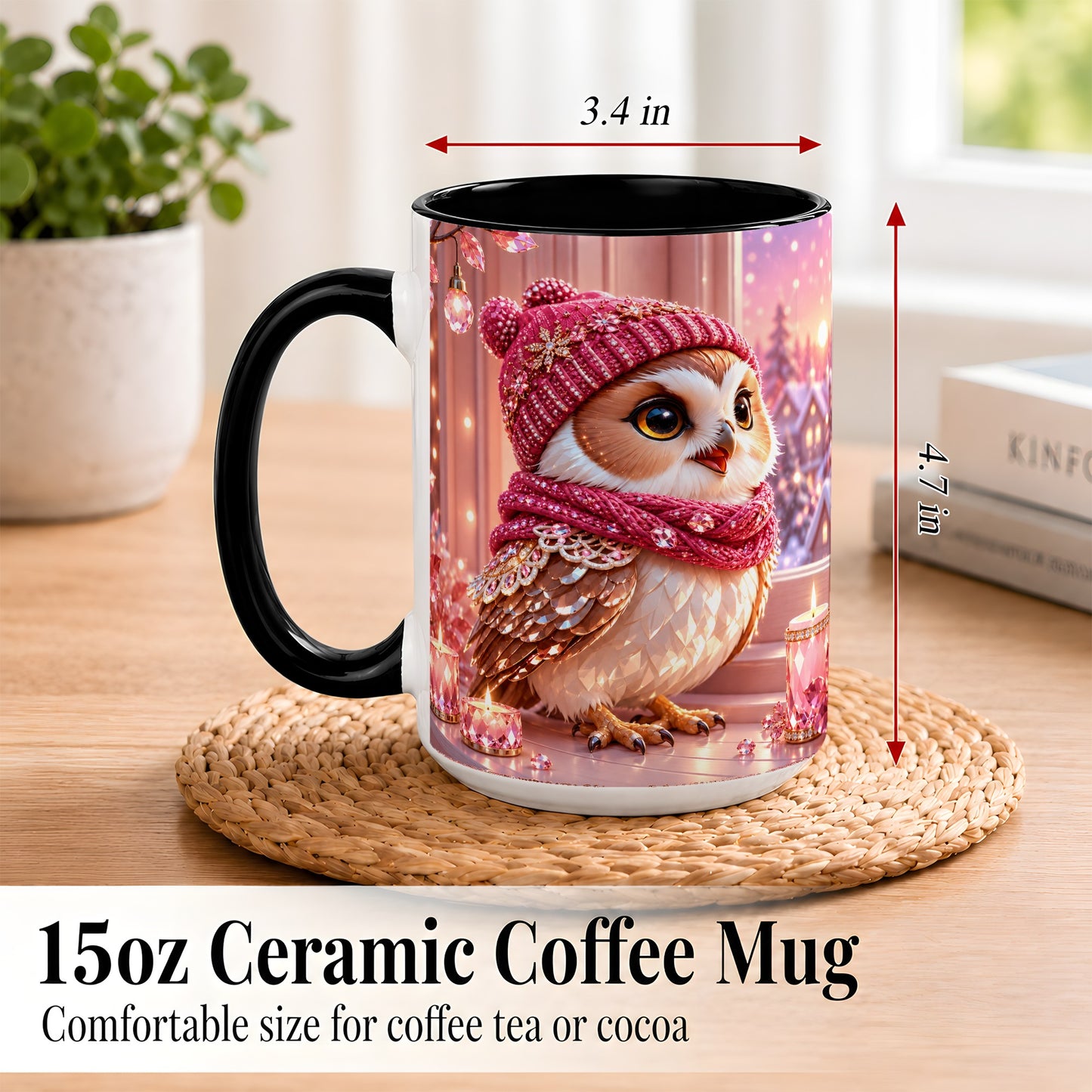 #pl[15oz|Black] Pink Winter Owl Coffee Mug, Cozy Owl Mug, Crystal Style Ceramic Cup