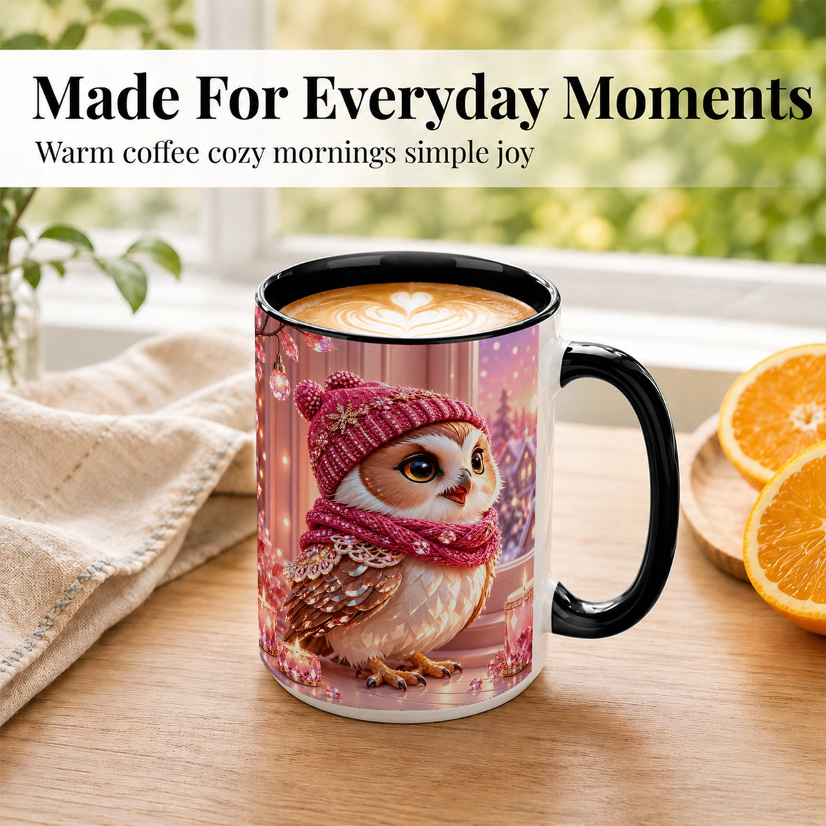 #pl[15oz|Black] Pink Winter Owl Coffee Mug, Cozy Owl Mug, Crystal Style Ceramic Cup