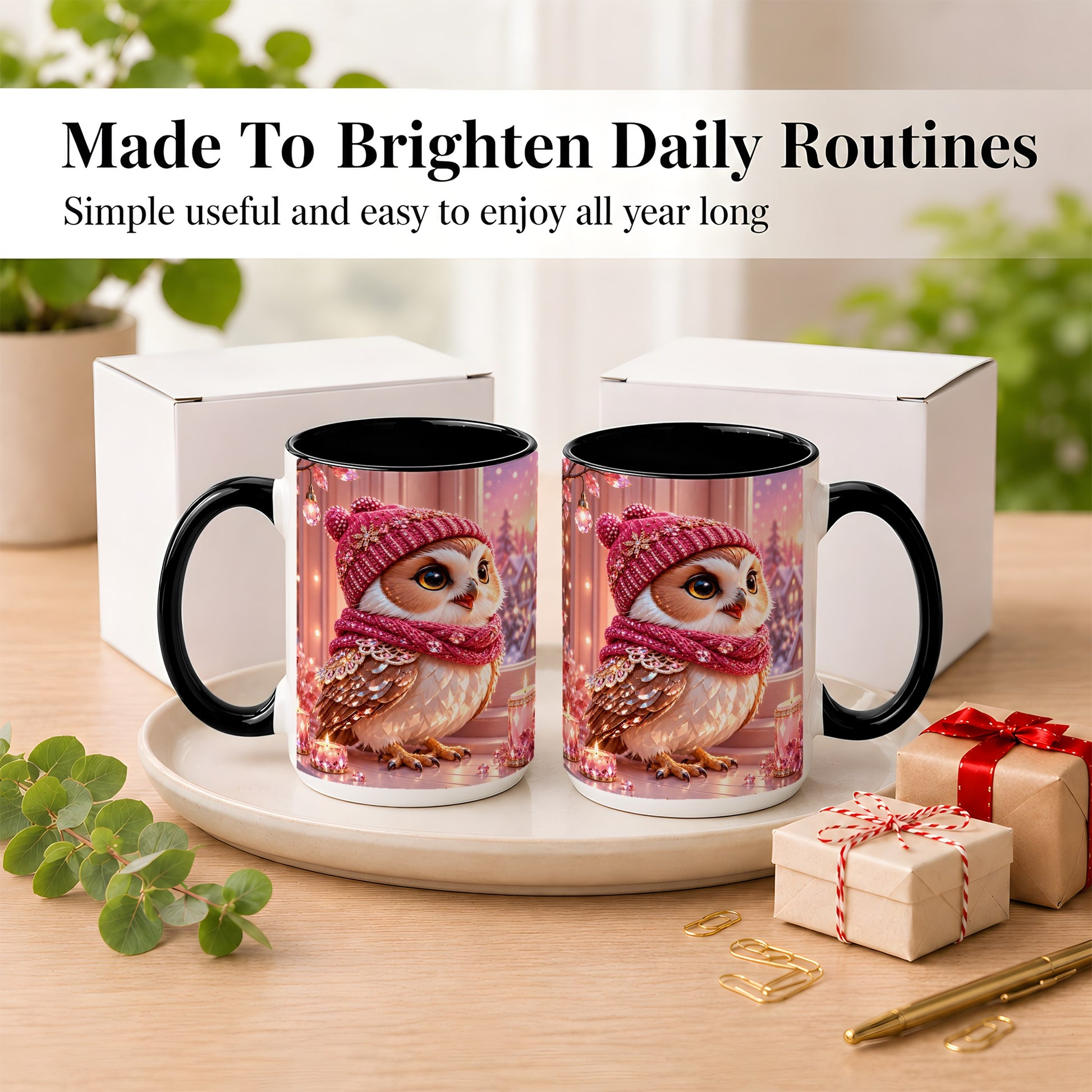 #pl[15oz|Black] Pink Winter Owl Coffee Mug, Cozy Owl Mug, Crystal Style Ceramic Cup