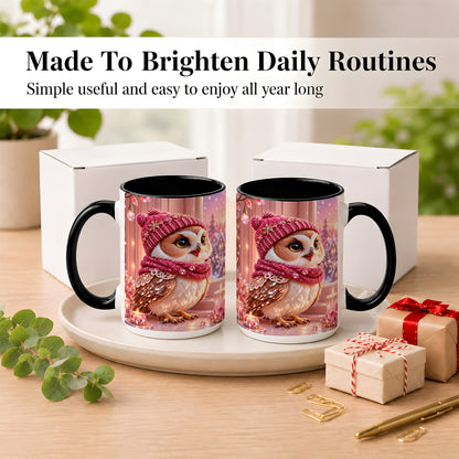 #pl[15oz|Black] Pink Winter Owl Coffee Mug, Cozy Owl Mug, Crystal Style Ceramic Cup