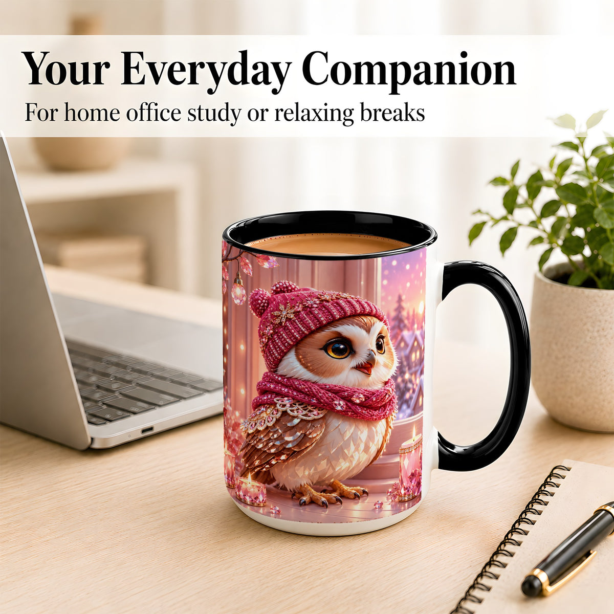 #pl[15oz|Black] Pink Winter Owl Coffee Mug, Cozy Owl Mug, Crystal Style Ceramic Cup