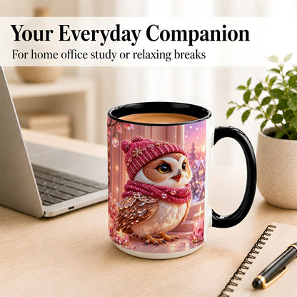 #pl[15oz|Black] Pink Winter Owl Coffee Mug, Cozy Owl Mug, Crystal Style Ceramic Cup