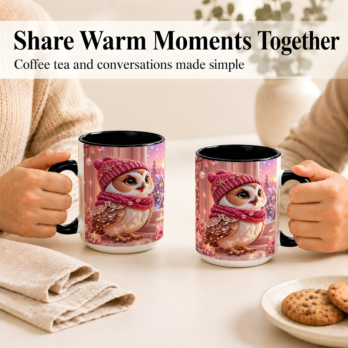#pl[15oz|Black] Pink Winter Owl Coffee Mug, Cozy Owl Mug, Crystal Style Ceramic Cup