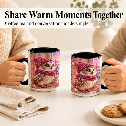#pl[15oz|Black] Pink Winter Owl Coffee Mug, Cozy Owl Mug, Crystal Style Ceramic Cup