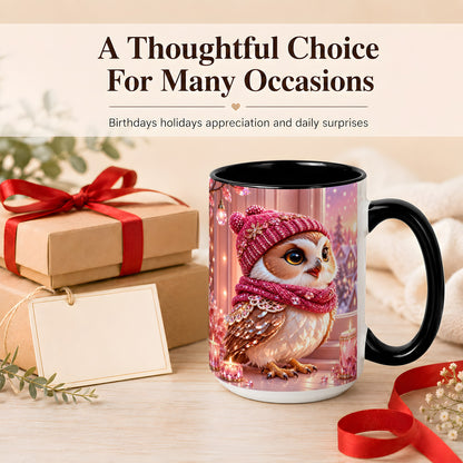 #pl[15oz|Black] Pink Winter Owl Coffee Mug, Cozy Owl Mug, Crystal Style Ceramic Cup