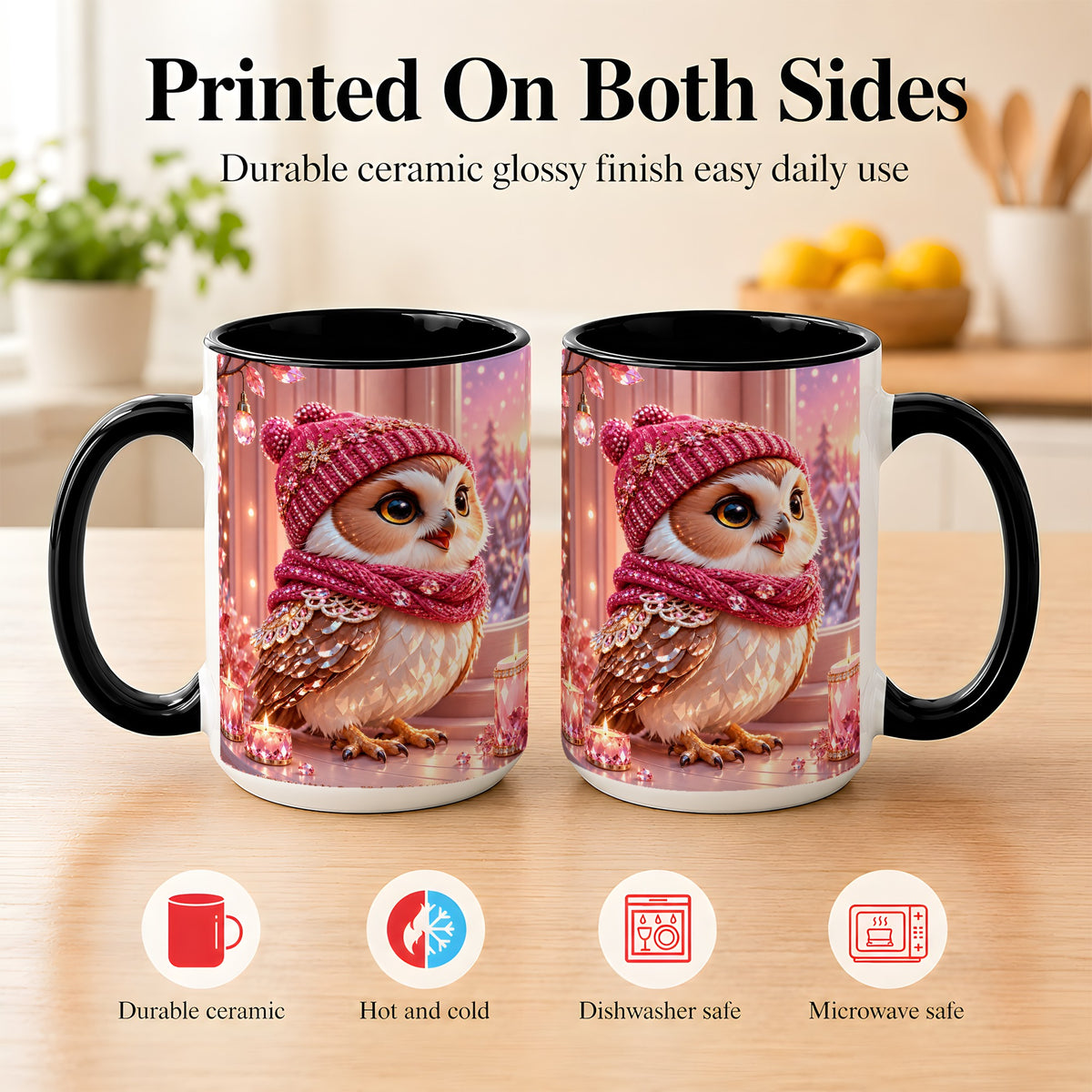 #pl[15oz|Black] Pink Winter Owl Coffee Mug, Cozy Owl Mug, Crystal Style Ceramic Cup