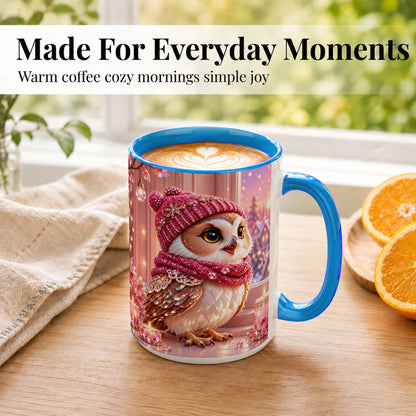 #pl[15oz|Blue] Pink Winter Owl Coffee Mug, Cozy Owl Mug, Crystal Style Ceramic Cup