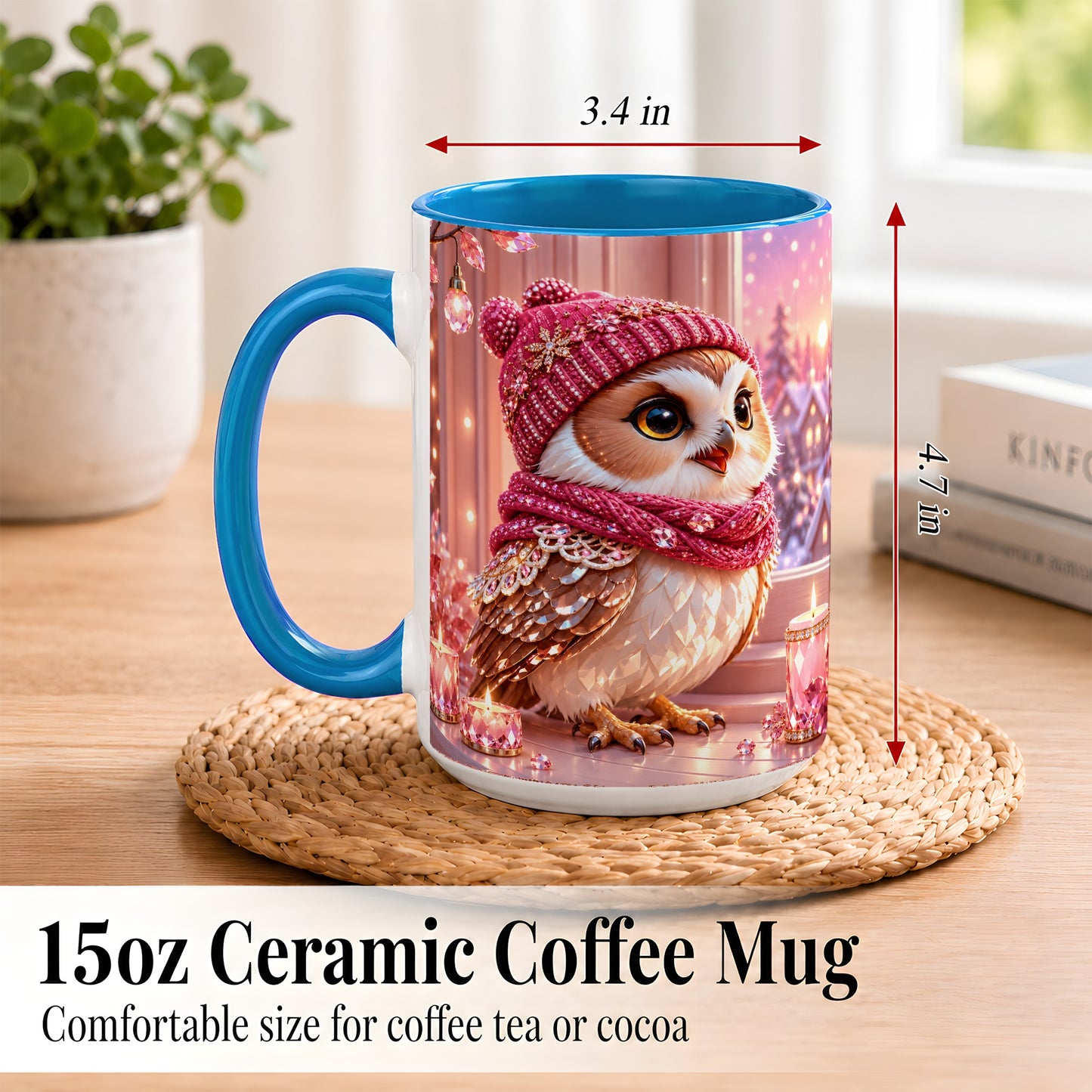 #pl[15oz|Blue] Pink Winter Owl Coffee Mug, Cozy Owl Mug, Crystal Style Ceramic Cup