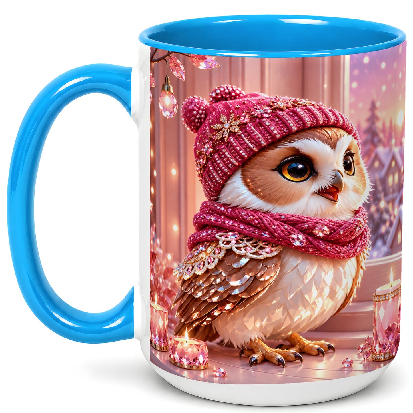 #pl[15oz|Blue] Pink Winter Owl Coffee Mug, Cozy Owl Mug, Crystal Style Ceramic Cup