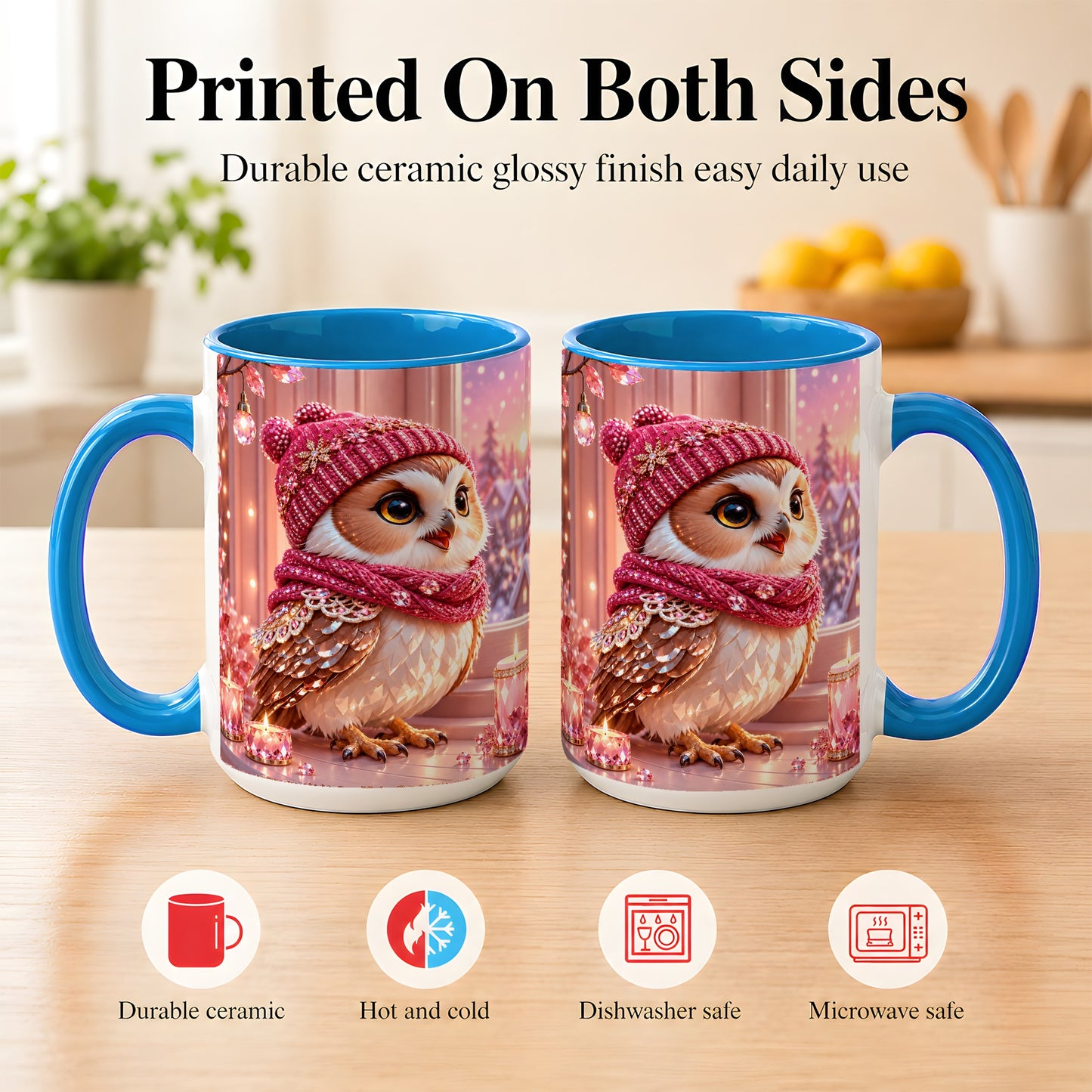 #pl[15oz|Blue] Pink Winter Owl Coffee Mug, Cozy Owl Mug, Crystal Style Ceramic Cup