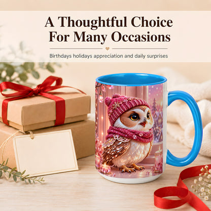 #pl[15oz|Blue] Pink Winter Owl Coffee Mug, Cozy Owl Mug, Crystal Style Ceramic Cup