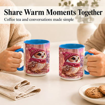 #pl[15oz|Blue] Pink Winter Owl Coffee Mug, Cozy Owl Mug, Crystal Style Ceramic Cup