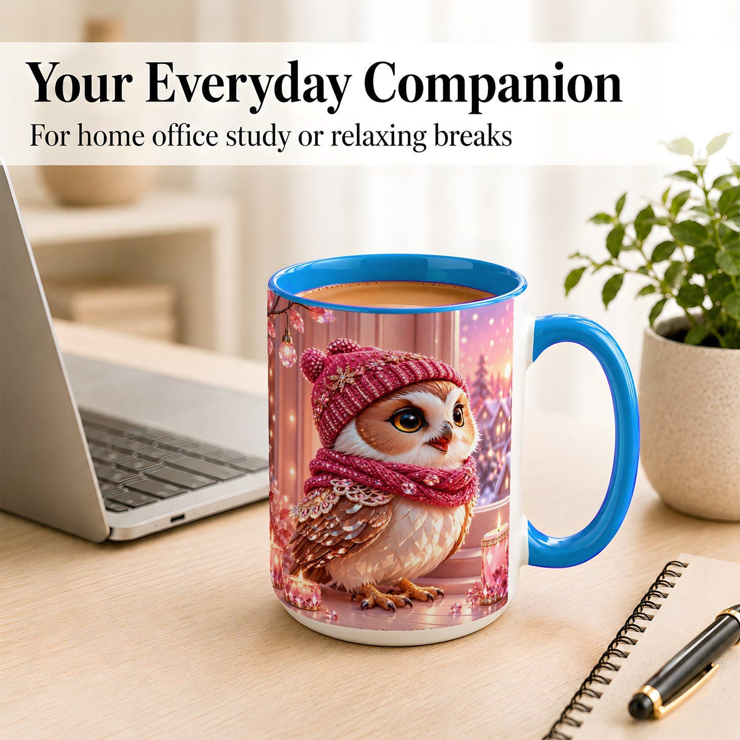 #pl[15oz|Blue] Pink Winter Owl Coffee Mug, Cozy Owl Mug, Crystal Style Ceramic Cup
