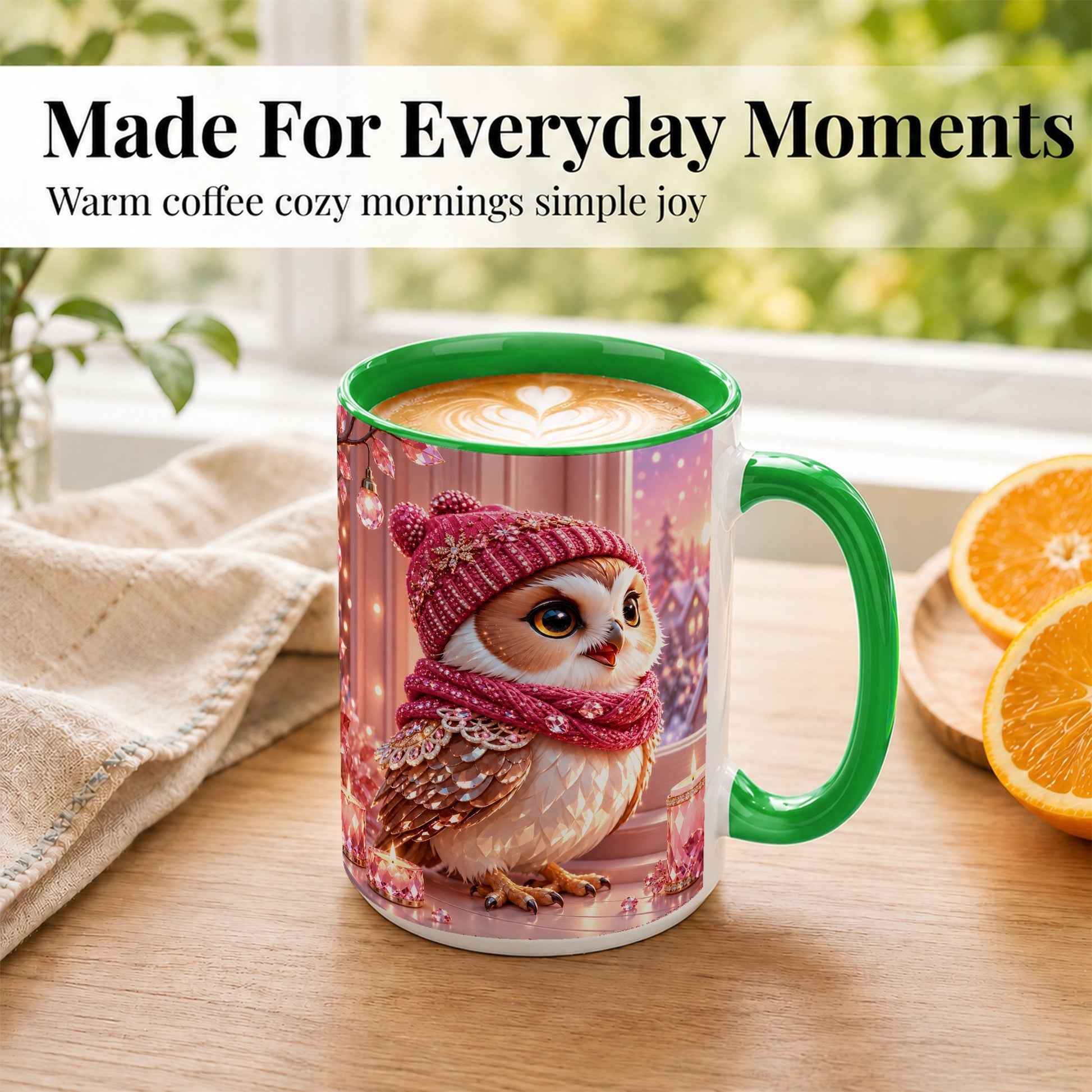 #pl[15oz|Green] Pink Winter Owl Coffee Mug, Cozy Owl Mug, Crystal Style Ceramic Cup
