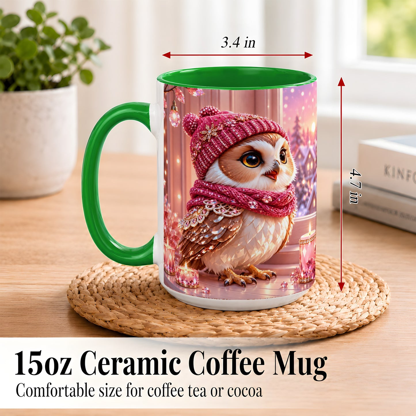 #pl[15oz|Green] Pink Winter Owl Coffee Mug, Cozy Owl Mug, Crystal Style Ceramic Cup