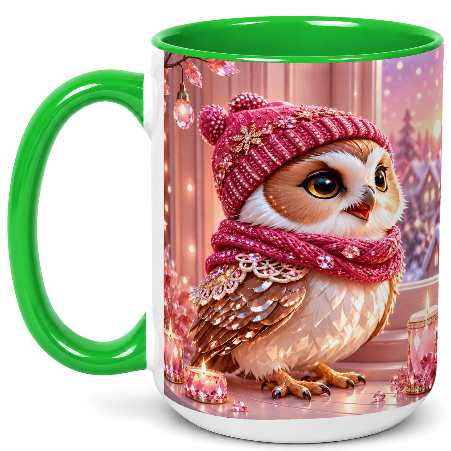 #pl[15oz|Green] Pink Winter Owl Coffee Mug, Cozy Owl Mug, Crystal Style Ceramic Cup