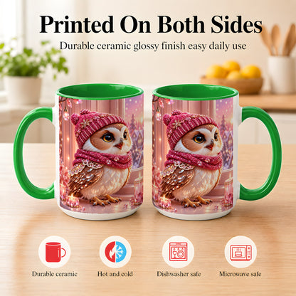 #pl[15oz|Green] Pink Winter Owl Coffee Mug, Cozy Owl Mug, Crystal Style Ceramic Cup