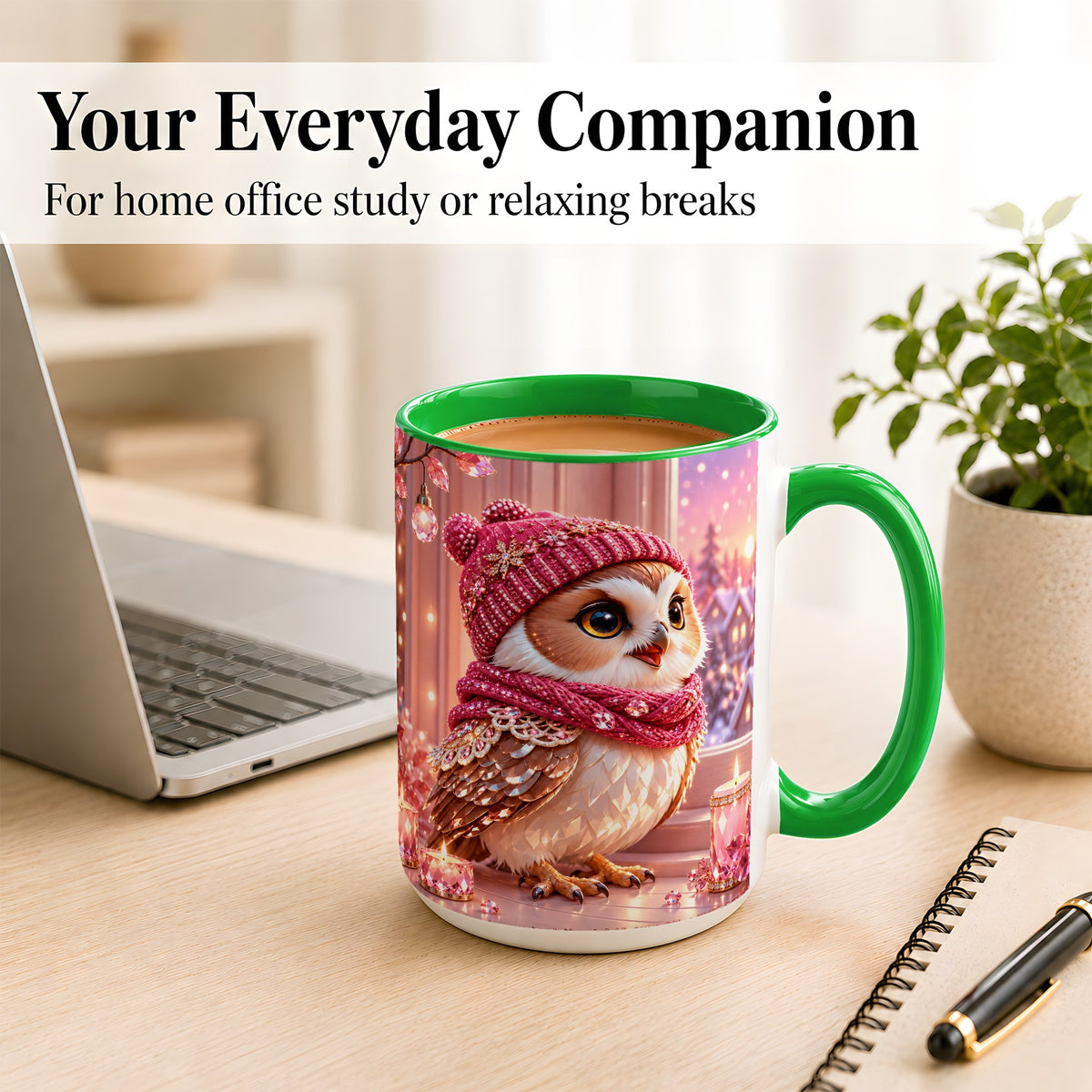 #pl[15oz|Green] Pink Winter Owl Coffee Mug, Cozy Owl Mug, Crystal Style Ceramic Cup