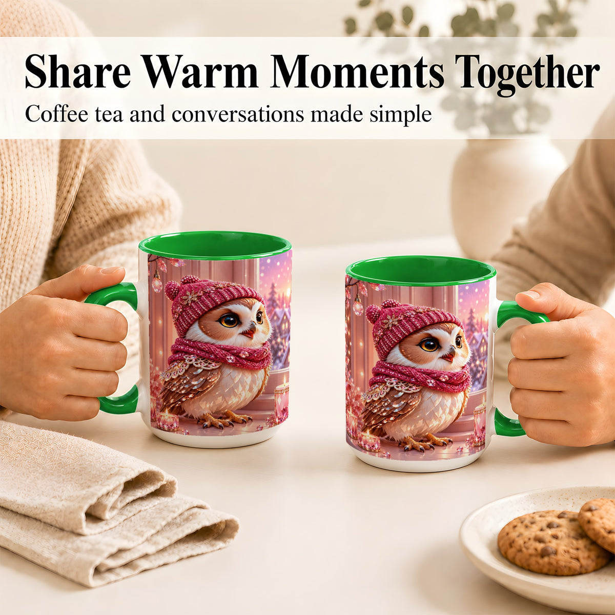#pl[15oz|Green] Pink Winter Owl Coffee Mug, Cozy Owl Mug, Crystal Style Ceramic Cup