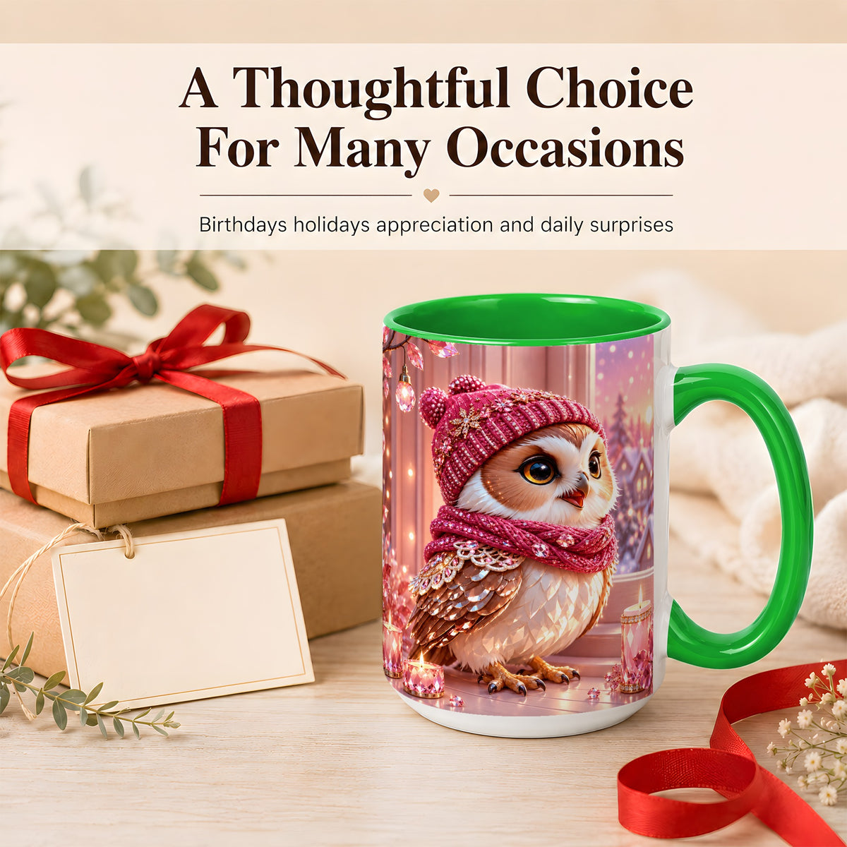 #pl[15oz|Green] Pink Winter Owl Coffee Mug, Cozy Owl Mug, Crystal Style Ceramic Cup