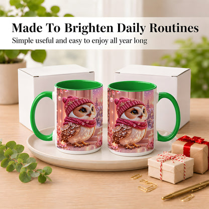 #pl[15oz|Green] Pink Winter Owl Coffee Mug, Cozy Owl Mug, Crystal Style Ceramic Cup