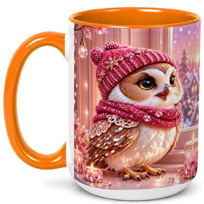 #pl[15oz|Orange] Pink Winter Owl Coffee Mug, Cozy Owl Mug, Crystal Style Ceramic Cup