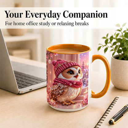 #pl[15oz|Orange] Pink Winter Owl Coffee Mug, Cozy Owl Mug, Crystal Style Ceramic Cup