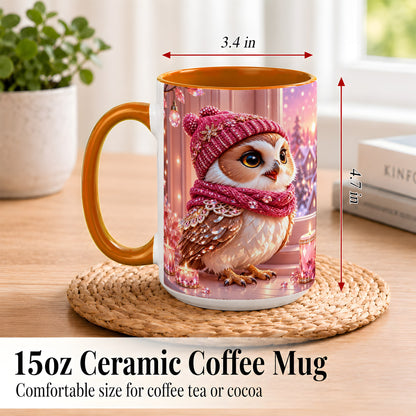#pl[15oz|Orange] Pink Winter Owl Coffee Mug, Cozy Owl Mug, Crystal Style Ceramic Cup