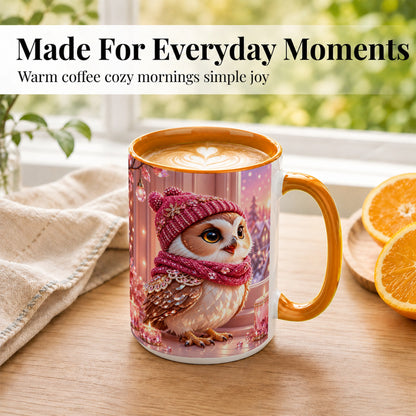#pl[15oz|Orange] Pink Winter Owl Coffee Mug, Cozy Owl Mug, Crystal Style Ceramic Cup
