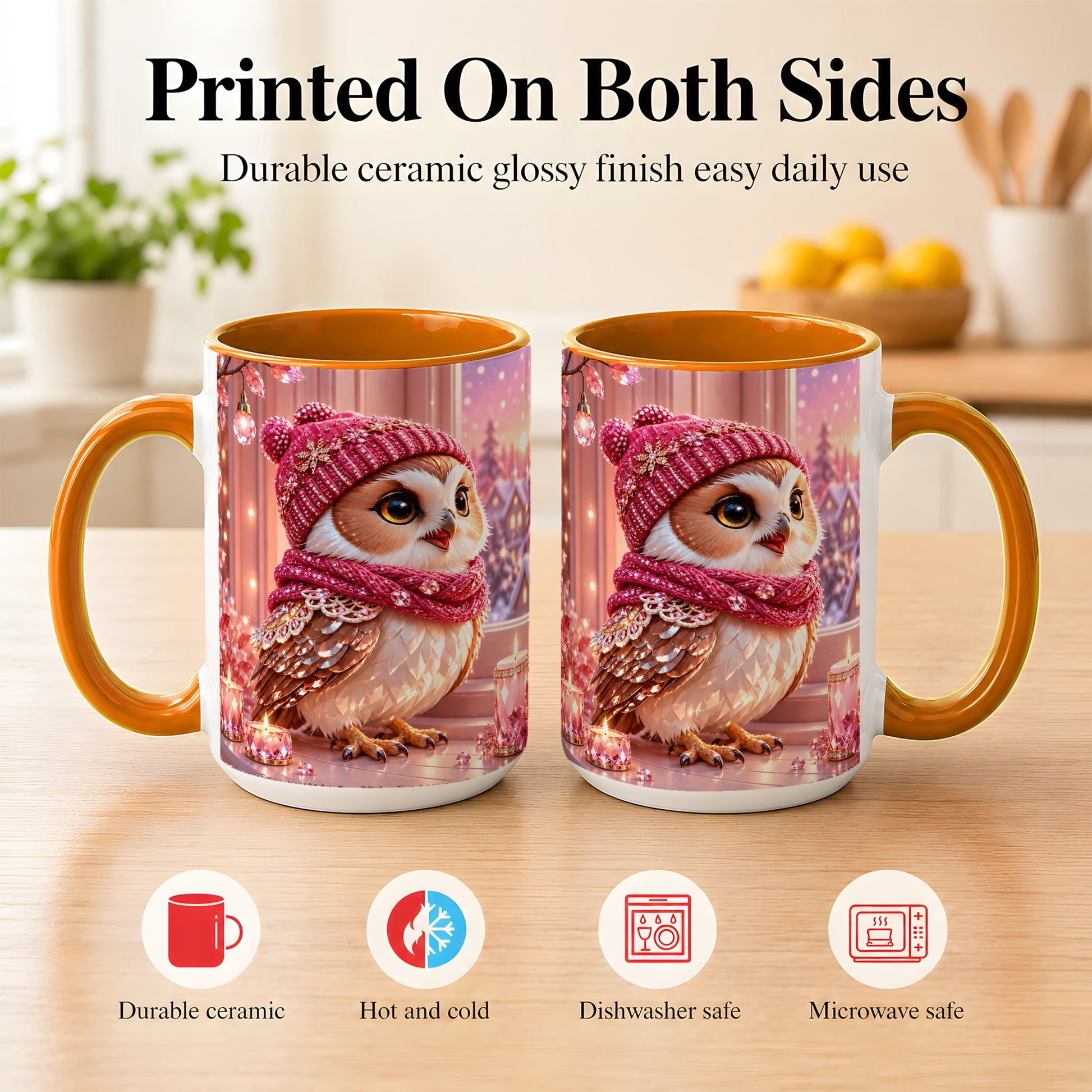 #pl[15oz|Orange] Pink Winter Owl Coffee Mug, Cozy Owl Mug, Crystal Style Ceramic Cup
