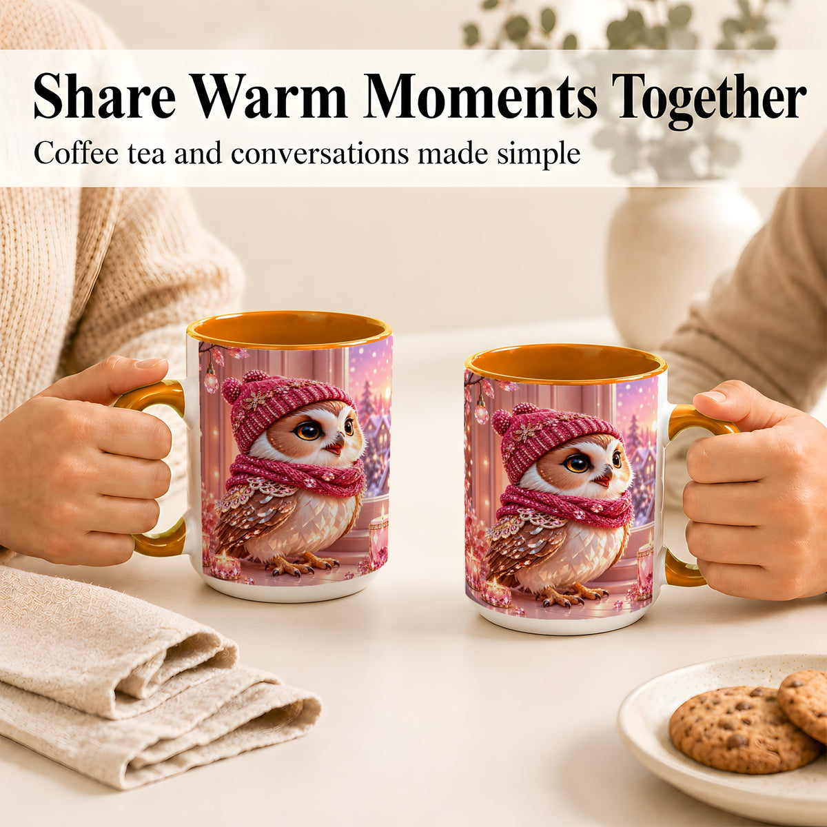 #pl[15oz|Orange] Pink Winter Owl Coffee Mug, Cozy Owl Mug, Crystal Style Ceramic Cup