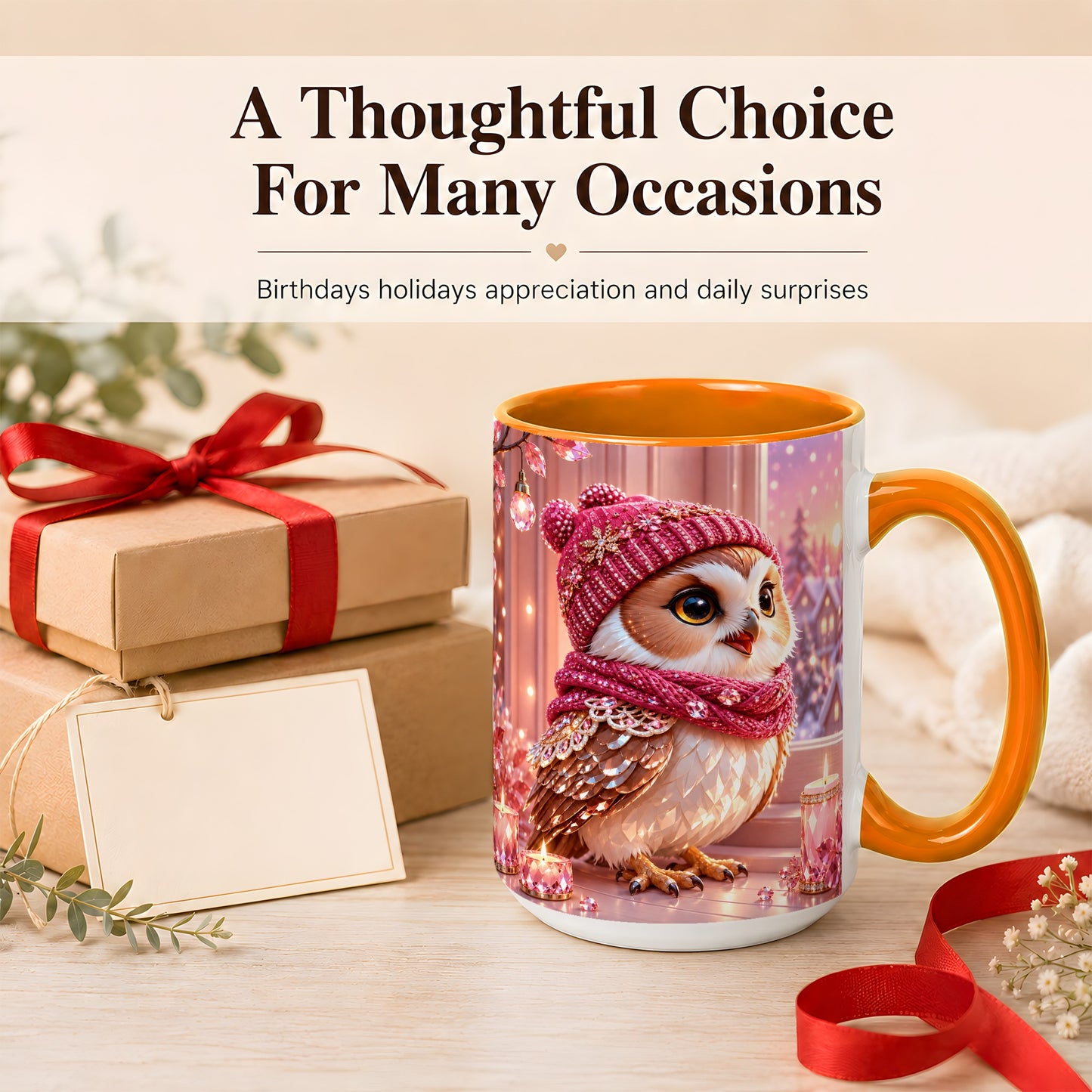#pl[15oz|Orange] Pink Winter Owl Coffee Mug, Cozy Owl Mug, Crystal Style Ceramic Cup