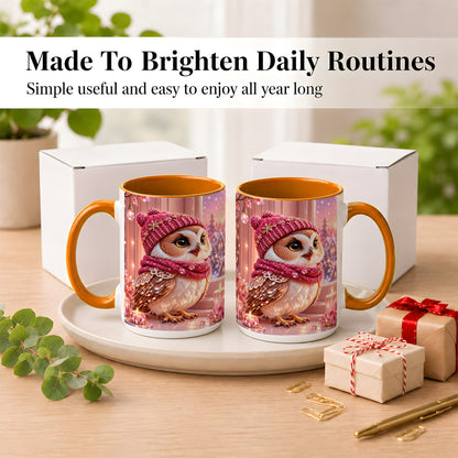 #pl[15oz|Orange] Pink Winter Owl Coffee Mug, Cozy Owl Mug, Crystal Style Ceramic Cup