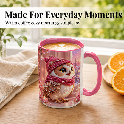 #pl[15oz|Pink] Pink Winter Owl Coffee Mug, Cozy Owl Mug, Crystal Style Ceramic Cup