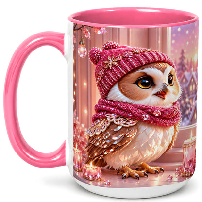 #pl[15oz|Pink] Pink Winter Owl Coffee Mug, Cozy Owl Mug, Crystal Style Ceramic Cup
