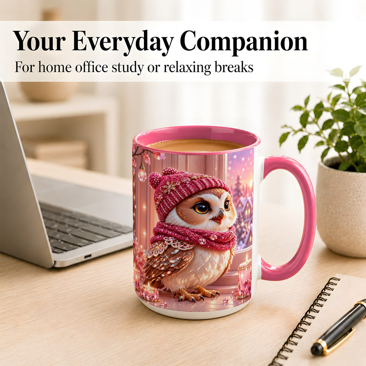 #pl[15oz|Pink] Pink Winter Owl Coffee Mug, Cozy Owl Mug, Crystal Style Ceramic Cup