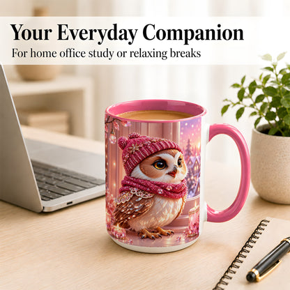#pl[15oz|Pink] Pink Winter Owl Coffee Mug, Cozy Owl Mug, Crystal Style Ceramic Cup
