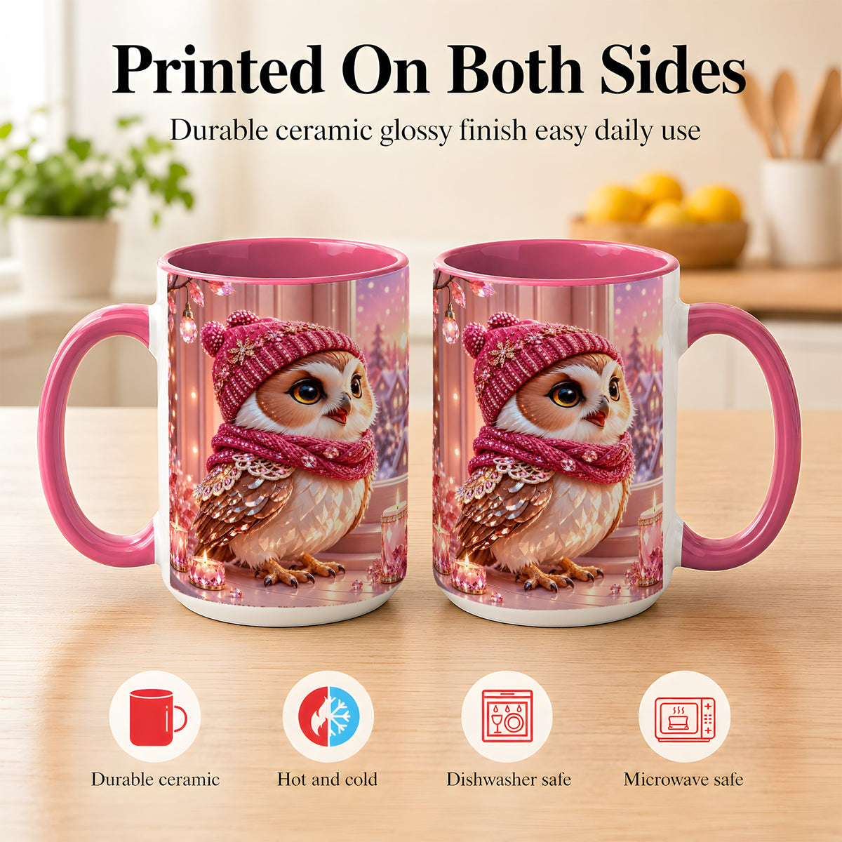 #pl[15oz|Pink] Pink Winter Owl Coffee Mug, Cozy Owl Mug, Crystal Style Ceramic Cup